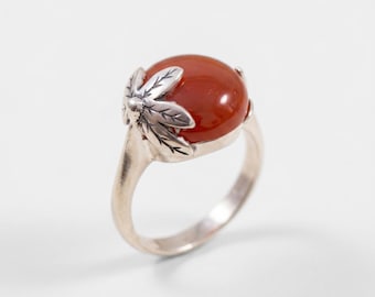 Carnelian Ring, Natural Carnelian, Red Agate Ring, Agate Ring, Leaf Ring, Red Ring, Vintage Rings, Red Stone, Solid Silver Ring, Agate