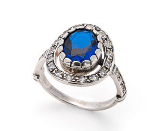 Blauer Saphir Ring, erstellt Saphir, Vintage Ring, Antike Saphir Ring, Antike Ringe, Massiv Silber Ring, Blau Vintage Ring, Reines Silber