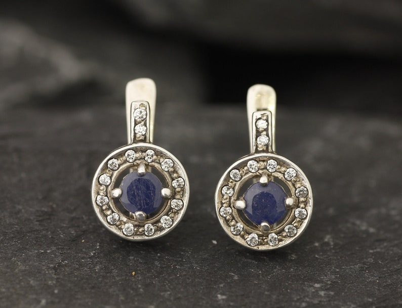 Natural Sapphire Earrings, Natural Sapphire, September Birthstone, Vintage Earrings, Sapphire Earrings, Round Earrings, 925 Silver, Sapphire image 9