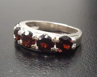 Garnet Ring, Natural Garnet, January Ring, Half Eternity Band, Red Vintage Ring, Red Diamond Ring, January Birthstone, Solid Silver Ring