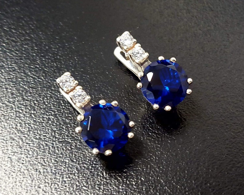 Blue Diamond Earrings Royal Blue Earrings Vintage Earrings Bridal Earrings Solid Silver Earrings Sapphire Earrings Created Sapphire