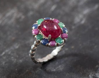 Ruby Ring, Natural Ruby Ring, July Birthstone, Victorian Ring, Vintage Ring, Red Ring, Multistone Ring, Victorian Ruby Ring, 925 Silver Ring