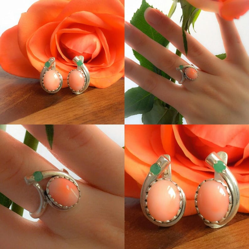 Pink Coral, Coral Ring, Natural Coral, Emerald Ring, Natural Emerald, Natural Stone, Vintage Coral Ring, Solid Silver Ring, Vintage Rings image 9