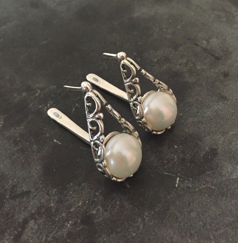 White Pearl Earrings, Natural Pearl, June Birthstone, Pearl Earrings, Vintage Pearl, Vintage Earrings, June Earrings, Solid Silver Earrings image 6