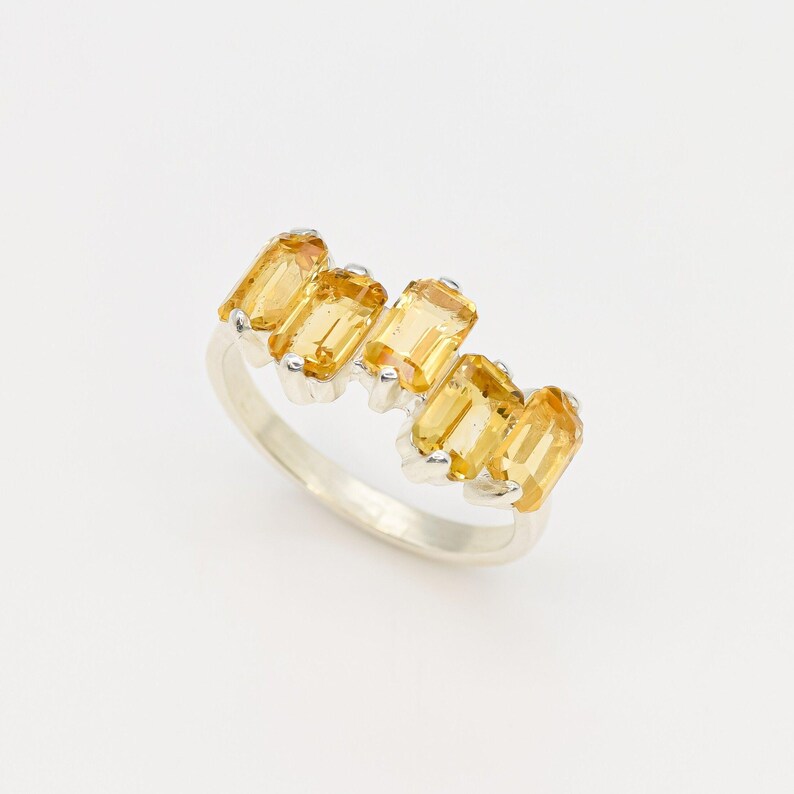 Emerald Cut Ring, Natural Citrine, Baguette Band, Half Eternity Band, November Birthstone, Asymmetric Ring, Yellow Ring, Solid Silver Ring image 3