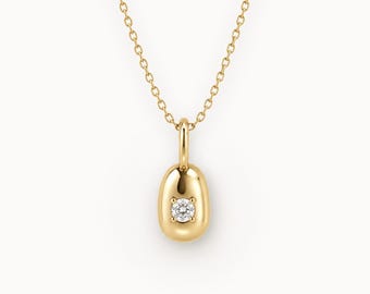 14k Yellow Gold Bean Necklace, Certified Natural Diamond Pendant, Minimalist Charm