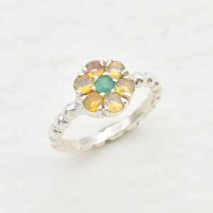 Opal Flower Ring, Natural Opal, Vintage Flower Ring, Natural Emerald, October Birthstone, May Birthstone, Floral Ring, Solid Silver Ring