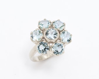 Aquamarine Ring, Created Aquamarine, Silver Flower Ring, Blue Diamond Ring, Vintage Flower Ring, Blue Flower Ring, Blue Ring, Vintage Rings