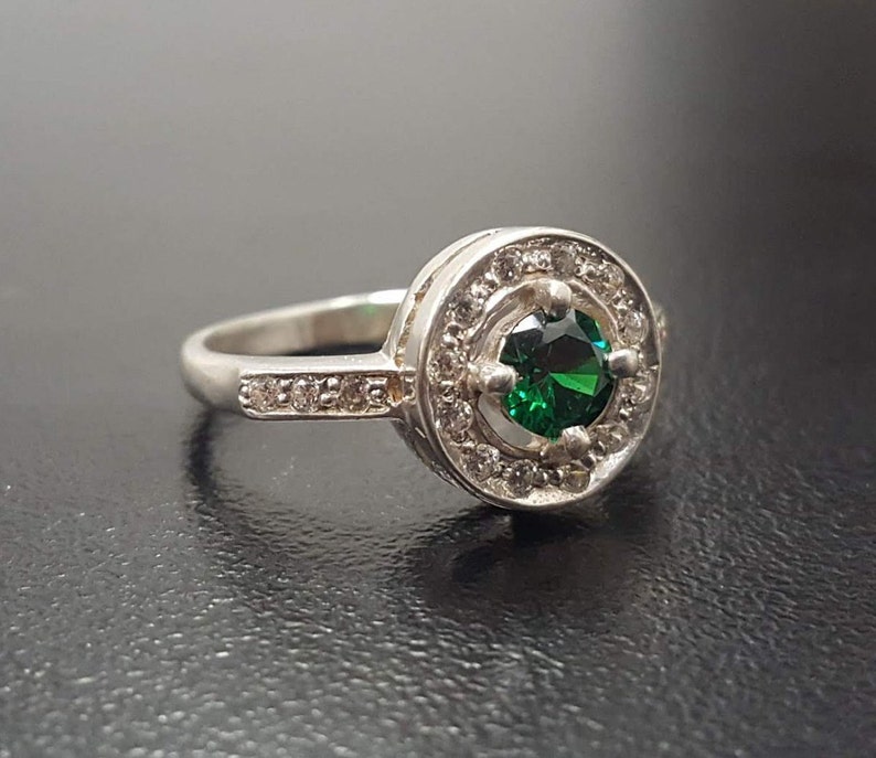 Green Ring 925 Silver Ring Green Vintage Ring Created Emerald Green Diamond Ring Solitaire Ring Cluster Ring Emerald Ring Emerald
