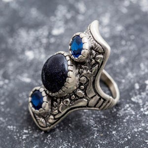 Long Artistic Ring, Blue Sandstone Ring, Tribal Ring, Statement Ring, Sagittarius Ring, Silver Ring, Blue Sand Stone, Created Sapphire image 3