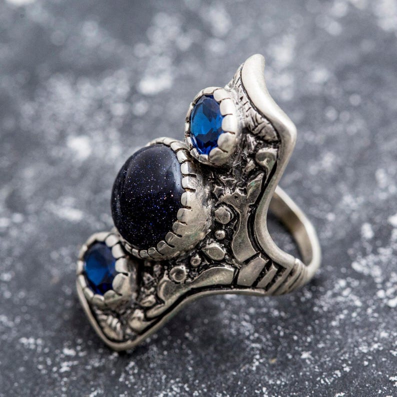 Long Artistic Ring, Blue Sandstone Ring, Tribal Ring, Statement Ring, Sagittarius Ring, Silver Ring, Blue Sand Stone, Created Sapphire image 3