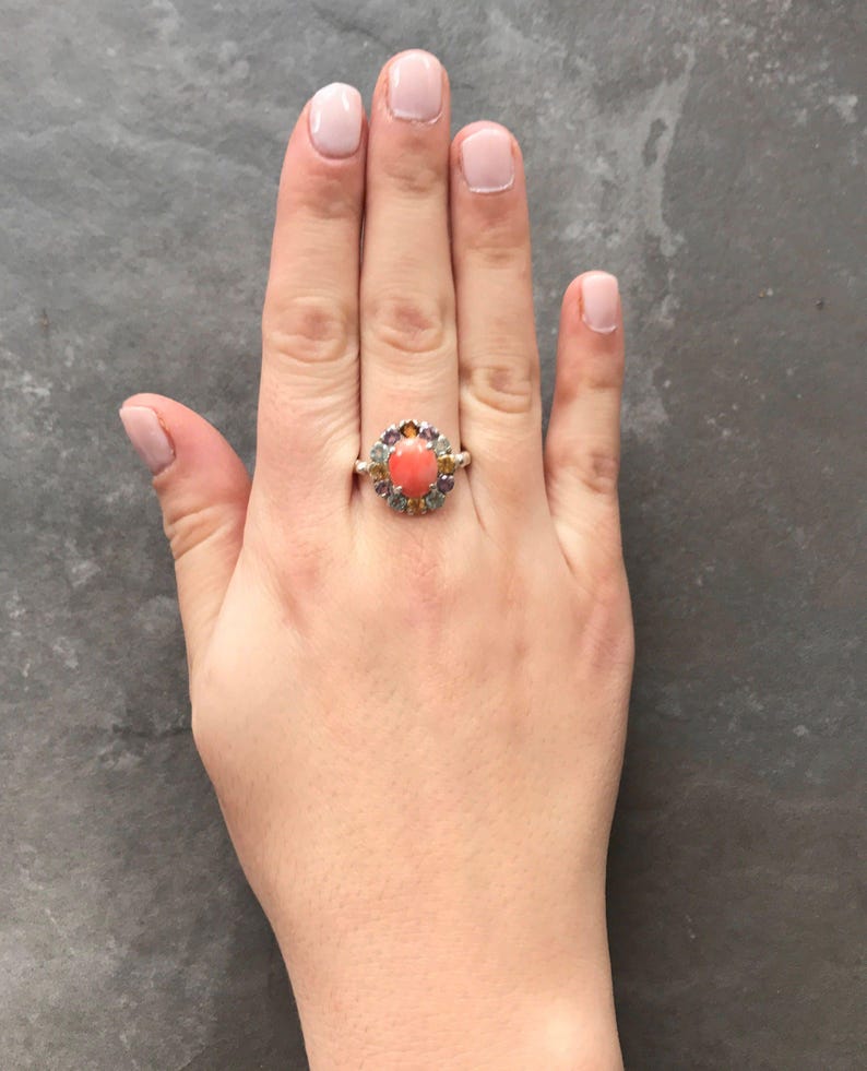 Anillo de coral natural, piedra de nacimiento de marzo, anillo de coral, coral rosa, anillo vintage, anillo de citrino, anillo de amatista, anillo de topacio azul, anillo de plata maciza imagen 10