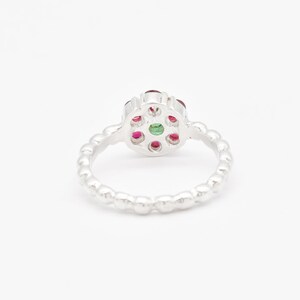 Ruby Flower Ring, Created Ruby, Daisy Emerald Ring, Dainty Flower Ring, Red Gemstone Ring, Silver Bubble Band, For Her, Adina Stone