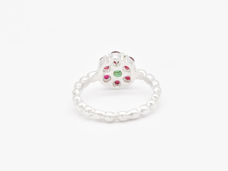 Ruby Flower Ring, Created Ruby, Daisy Emerald Ring, Dainty Flower Ring, Red Gemstone Ring, Silver Bubble Band, For Her, Adina Stone
