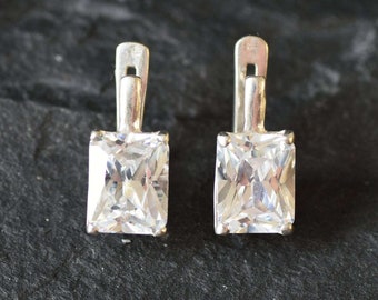 Diamond Earrings, Created Diamond, Square Earrings, Dainty Earrings, Sparkly Earrings, 3 Carat Diamond, CZ Earrings, Bridal earrings, Silver