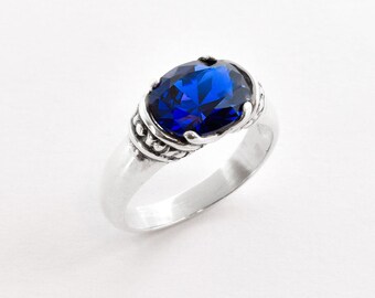 Sapphire Ring, Blue Sapphire Ring, Created Sapphire, Horizontal Ring, Blue Vintage Ring, Blue Diamond Ring, Royal Blue Ring, 925 Silver Ring