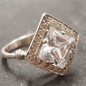 Sparkly Diamond Ring, Created Diamond, Square Ring, Princess Cut, Vintage Ring, Bridal Ring, Clear Diamond Ring, Silver Square Ring, Silver