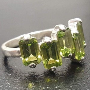 Peridot Ring, Natural Peridot, Emerald Cut Band, August Birthstone, Asymmetric Ring, Statement Ring, Vintage Green Ring, Solid Silver Ring