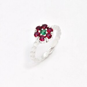 Ruby Flower Ring, Created Ruby, Daisy Emerald Ring, Dainty Flower Ring, Red Gemstone Ring, Silver Bubble Band, For Her, Adina Stone