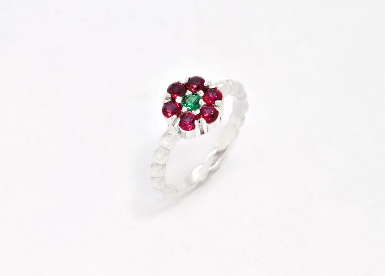 Ruby Flower Ring, Created Ruby, Daisy Emerald Ring, Dainty Flower Ring, Red Gemstone Ring, Silver Bubble Band, For Her, Adina Stone