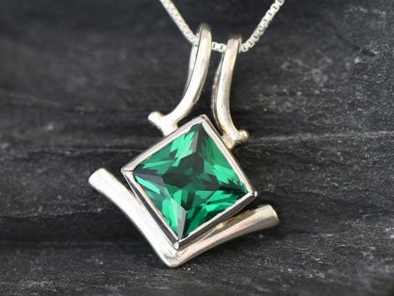 Large Emerald Necklace Sterling Silver Square 10 Mm Lab Created Green Emerald  Pendant May Birthstone 18KGP 958 - Etsy