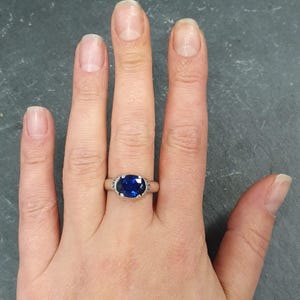 Sapphire Ring, Blue Sapphire Ring, Created Sapphire, Horizontal Ring, Blue Vintage Ring, Blue Diamond Ring, Royal Blue Ring, 925 Silver Ring image 7