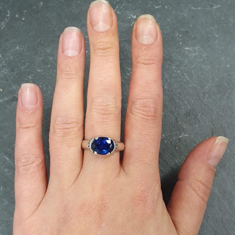 Sapphire Ring, Blue Sapphire Ring, Created Sapphire, Horizontal Ring, Blue Vintage Ring, Blue Diamond Ring, Royal Blue Ring, 925 Silver Ring image 7