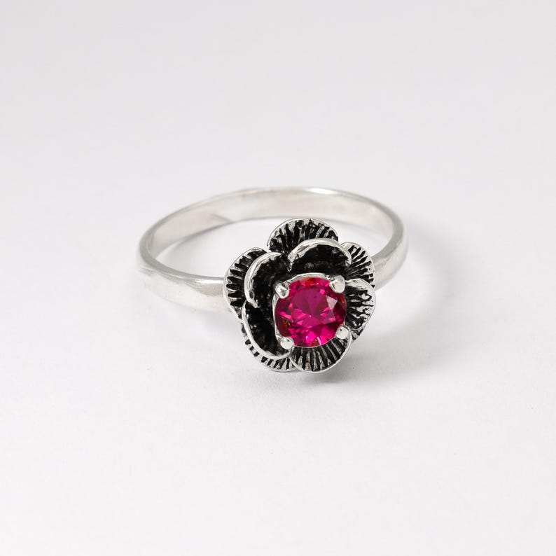 Flower Ruby Ring, Created Ruby, Red Ruby Ring, Silver Flower Ring, Red Vintage Ring, Solitaire Ring, Red Rose Ring, 925 Sterling Silver Ring