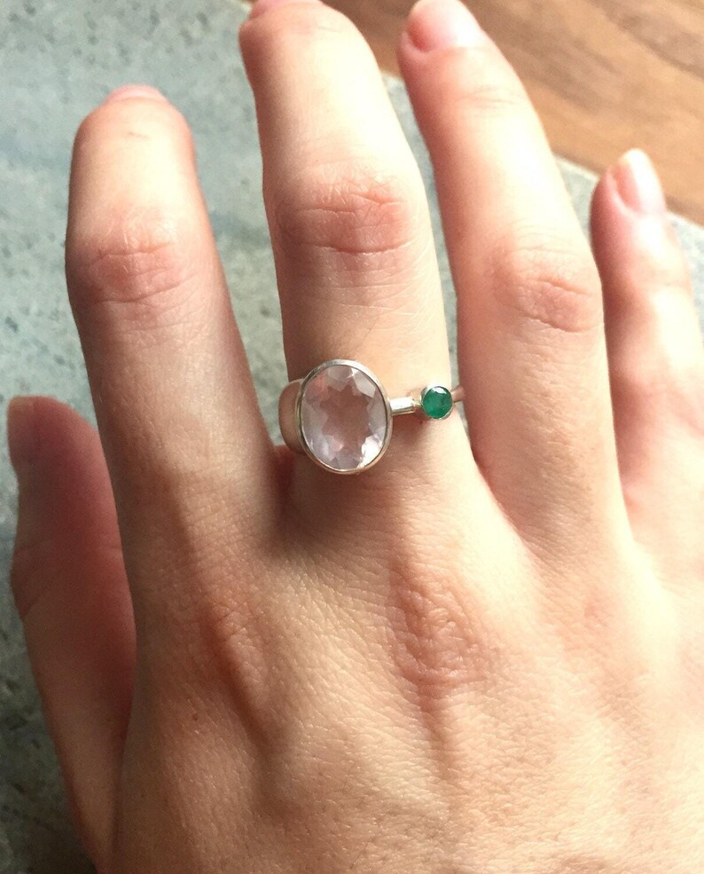 Rose Quartz Ring, Natural Rose Quartz, Diamond Cut, Emerald Ring, Solid Silver Ring, Natural Emerald, Vintage Emerald Ring, Vintage Ring image 7
