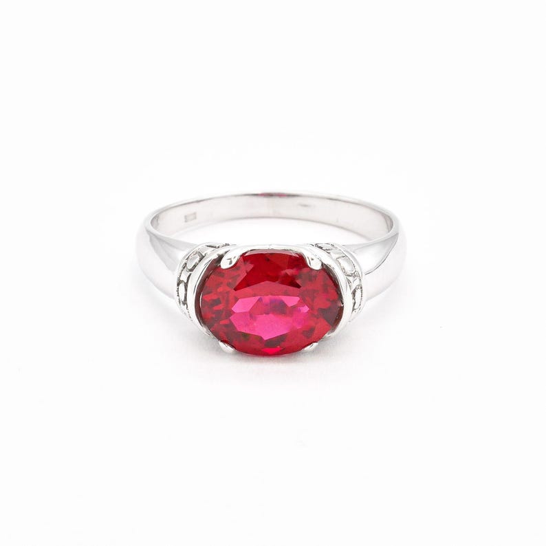 Tribal Ruby Ring, Created Ruby, Red Vintage Ring, Horizontal Ring, Antique Ring, 3 Carat Ruby, Statement Ring, Boho Ring, Solid Silver Ring