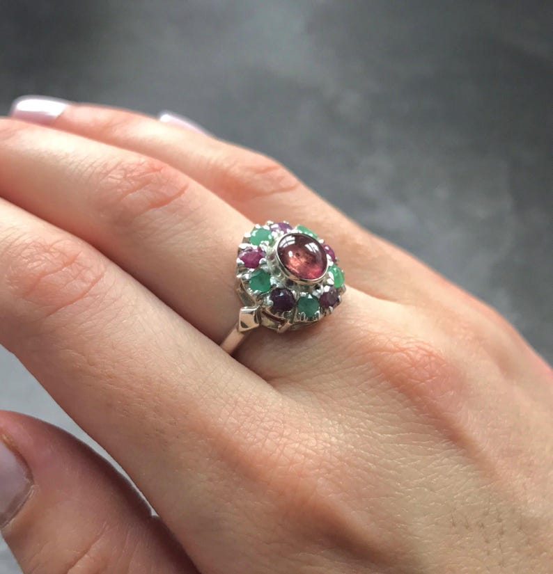 Pink Tourmaline Ring, Natural Emerald Ring, Natural Ruby Ring, Vintage Silver Ring, Victorian Ring, Pink Vintage Ring, Pink Tourmaline, Ruby image 8