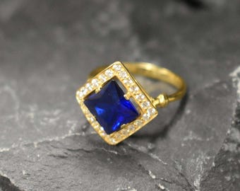 Gouden saffierring, saffierring, synthetische saffier, vierkante gouden ring, koningsblauwe ring, blauwe vintage ring, 18 karaats gouden ring, 925 zilveren ring
