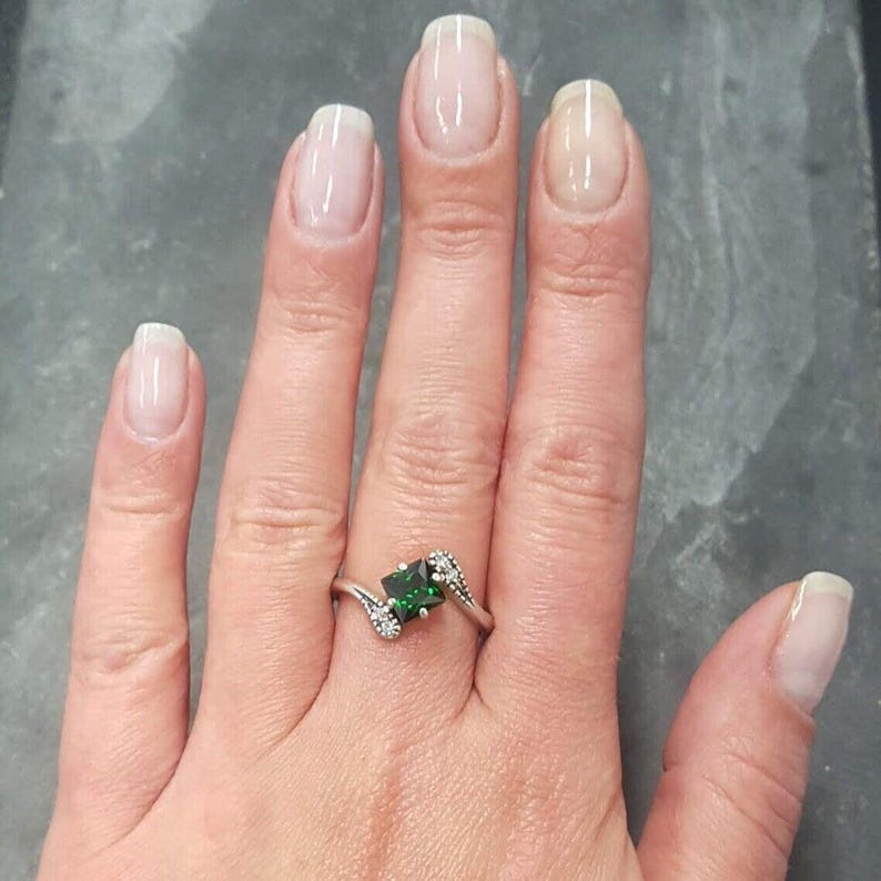 Emerald Ring, Created Emerald, Vintage Ring, Dainty Ring, Engagement Ring, Square Ring, Asymmetric Ring, Green Ring, Solid Silver Ring image 10