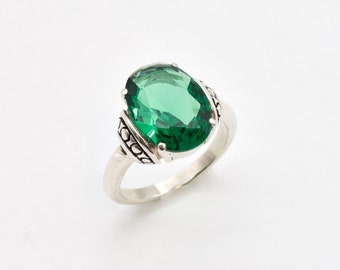 Large Emerald Ring, Created Emerald, Green Statement Ring, Vintage Tribal Ring, Bohemian Cocktail Ring, Tribal Boho Ring, Adina Stone