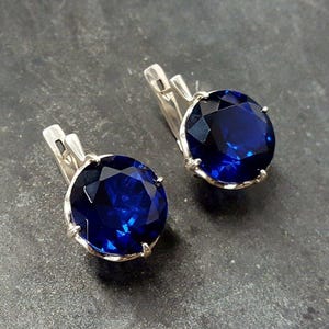 Sapphire Earrings, Created Sapphire, Round Blue Earrings, Blue Vintage Earrings, Blue Diamond Earrings, Royal Blue Earrings, Silver Earrings
