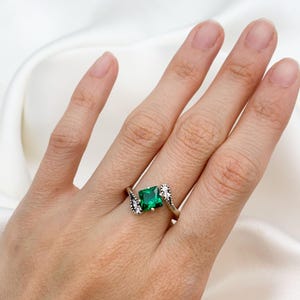 Emerald Ring, Created Emerald, Vintage Ring, Dainty Ring, Engagement Ring, Square Ring, Asymmetric Ring, Green Ring, Solid Silver Ring image 7