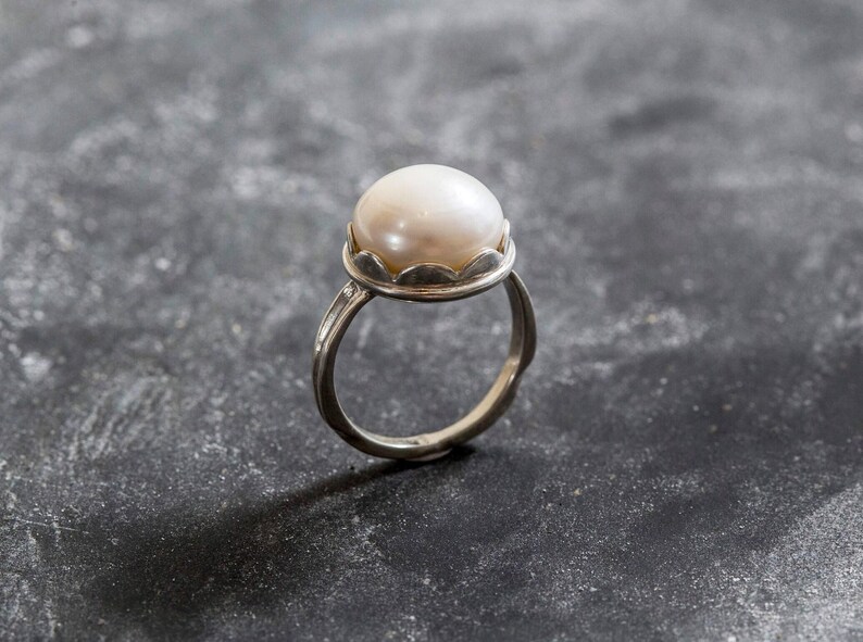 Vintage Pearl Ring, Real Pearl Ring, White Pearl Ring, June Birthstone Ring, Pearl Statement Ring, Pearl Solitaire Ring, Adina Stone image 9