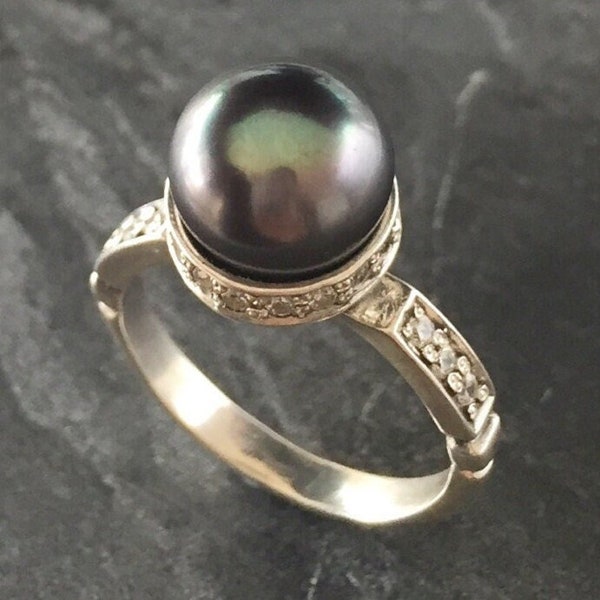 Black Pearl Ring, Natural Pearl Ring, June Birthstone, Pearl and Diamond, Vintage Pearl Ring, Vintage Style, June Ring, Solid Silver Ring