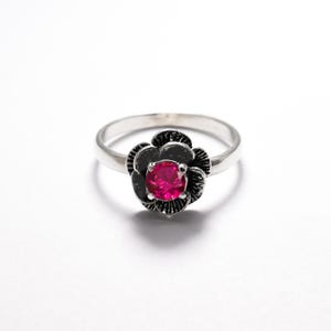 Flower Ruby Ring, Created Ruby, Red Ruby Ring, Silver Flower Ring, Red Vintage Ring, Solitaire Ring, Red Rose Ring, 925 Sterling Silver Ring