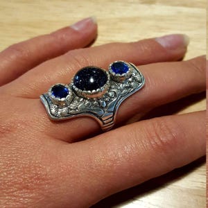 Long Artistic Ring, Blue Sandstone Ring, Tribal Ring, Statement Ring, Sagittarius Ring, Silver Ring, Blue Sand Stone, Created Sapphire image 2