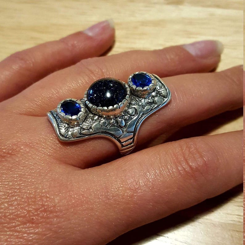 Long Artistic Ring, Blue Sandstone Ring, Tribal Ring, Statement Ring, Sagittarius Ring, Silver Ring, Blue Sand Stone, Created Sapphire image 2