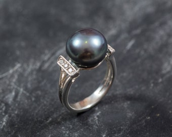 Bague en vraie perle, bague en perle noire, perle naturelle, pierre de naissance de juin, perle noire, vraie perle, bagues vintage, bague en argent 925, perle grise