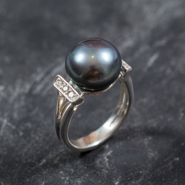 Bague en vraie perle, bague en perle noire, perle naturelle, pierre de naissance de juin, perle noire, vraie perle, bagues vintage, bague en argent 925, perle grise