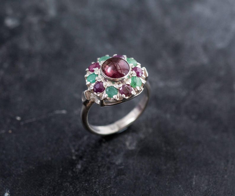 Pink Tourmaline Ring, Natural Emerald Ring, Natural Ruby Ring, Vintage Silver Ring, Victorian Ring, Pink Vintage Ring, Pink Tourmaline, Ruby image 7