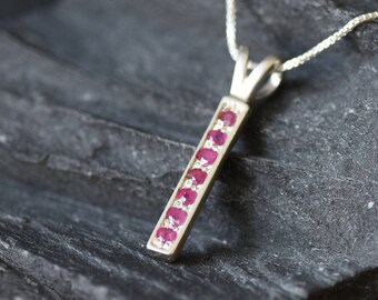 Red Ruby Pendant, Natural Ruby, Layering Necklace, Ruby Bar Pendant, Vertical Pendant, Drop Pendant, Dainty Pendant, July Birthstone, Silver