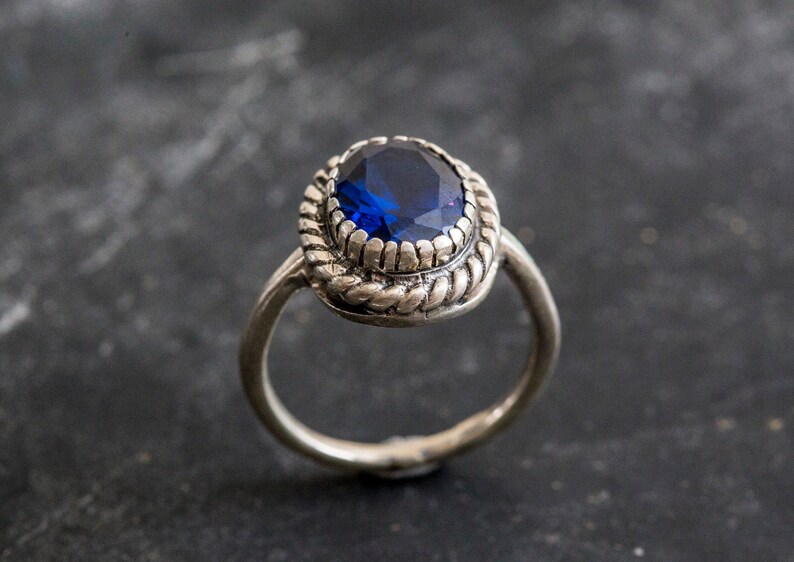Blue Sapphire Royal Blue Ring Solid Silver Created Sapphire Blue Sapphire Ring Artistic Ring Vintage Rings Blue Stone Sapphire