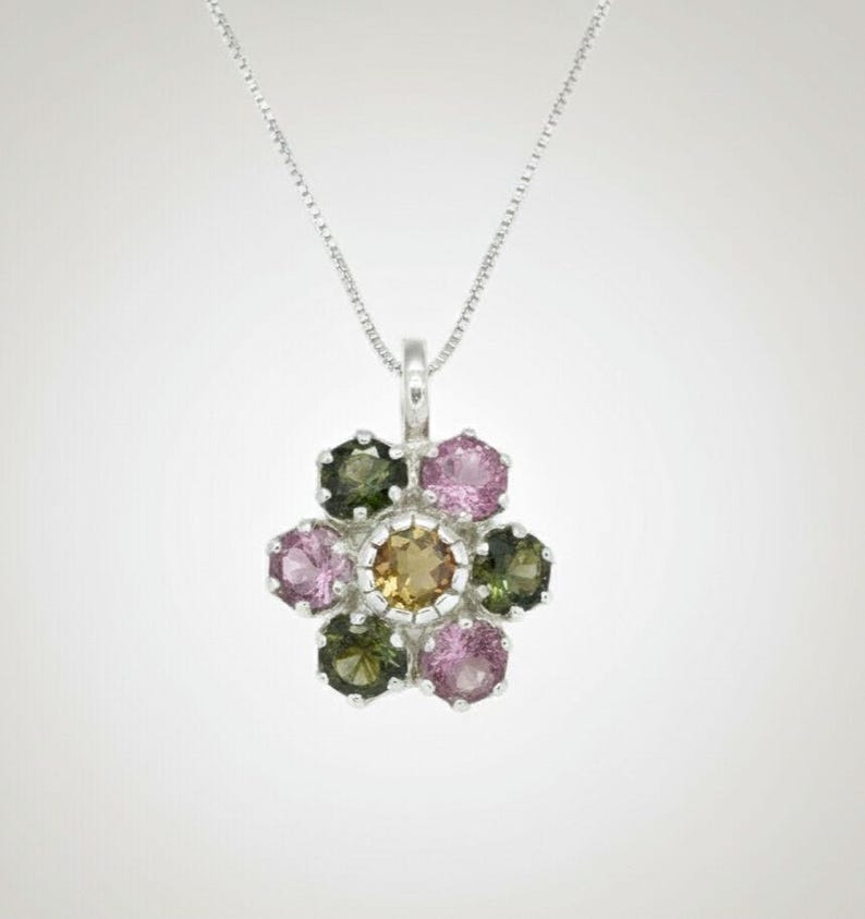 Tourmaline Pendant, Natural Tourmaline, October Pendant, Flower Pendant, Multicolor Pendant, October Birthstone, Flower Vintage Pendant