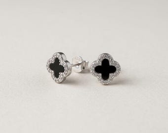 Black Onyx Clover Stud Earrings, Four Leaf Clover Studs, Dainty Everyday Jewelry