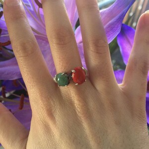 Red Coral Ring, Emerald Ring, Two Stone Ring, Natural Emerald, Vintage Ring, May Birthstone, Bohemian Ring, 925 Silver Ring, Natural Coral image 2