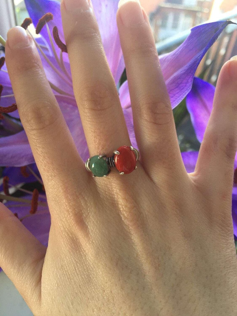 Red Coral Ring, Emerald Ring, Two Stone Ring, Natural Emerald, Vintage Ring, May Birthstone, Bohemian Ring, 925 Silver Ring, Natural Coral image 2